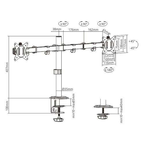 Gembird MA-D2-01 Adjustable Desk 2-Display Mounting Arm 17”-32” Black