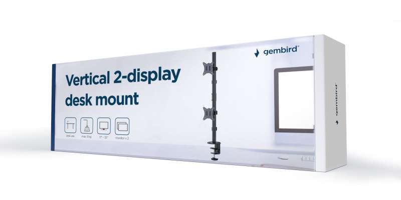 Gembird MA-D2-02 Adjustable 2-display vertical desk mount 17”-32” Black