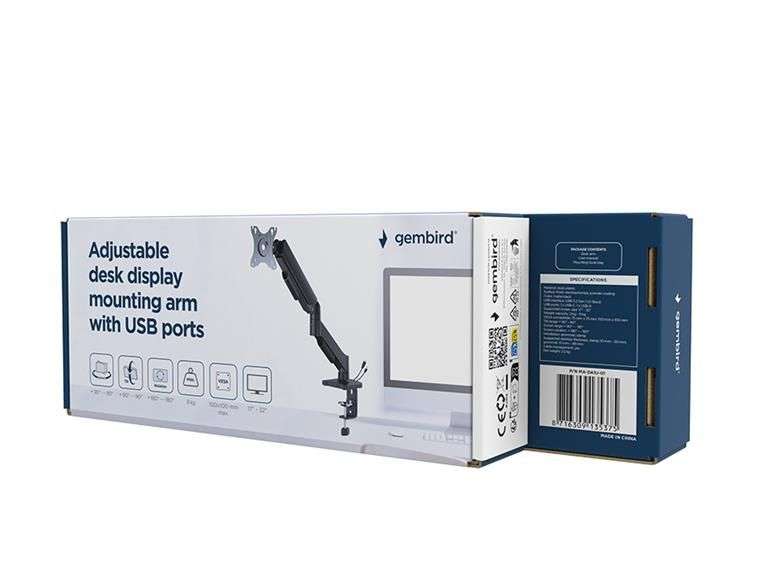 Gembird MA-DA1U-01 Adjustable desk display mounting arm with USB ports 17”-32” Black