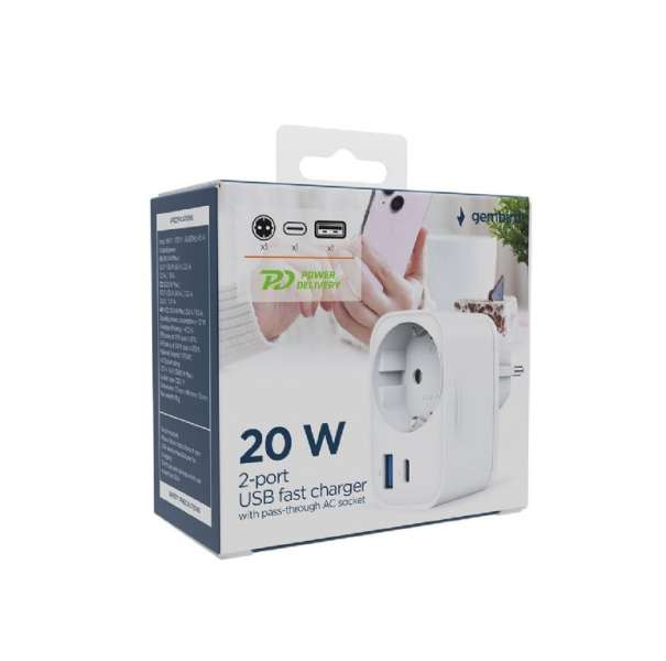 Gembird TA-ACPDQC20-01-W 2-port USB fast charger with pass-through AC socket 20W White