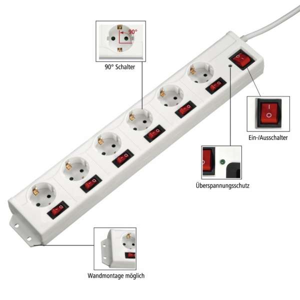Hama Hálózati Elosztó Kapcsolóval 6DIN 1,4m White