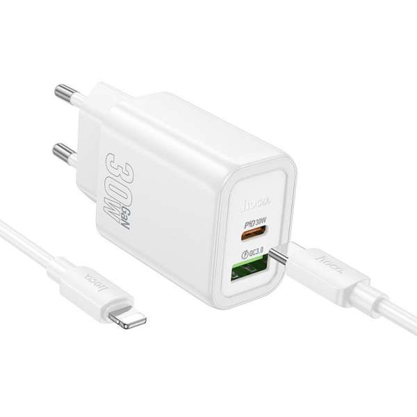 Hoco N63 Gentle USB-A + USB-C PD30W+QC3.0 charger with USB-C to Lightning cable White