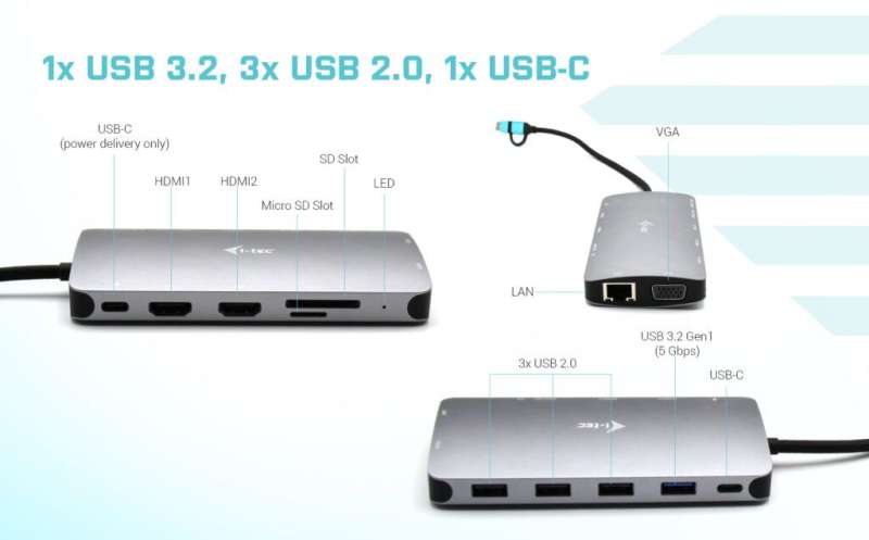 I-TEC USB 3.0 USB-C/Thunderbolt 3x Display Metal Nano Dock with LAN + Power Delivery 100 W