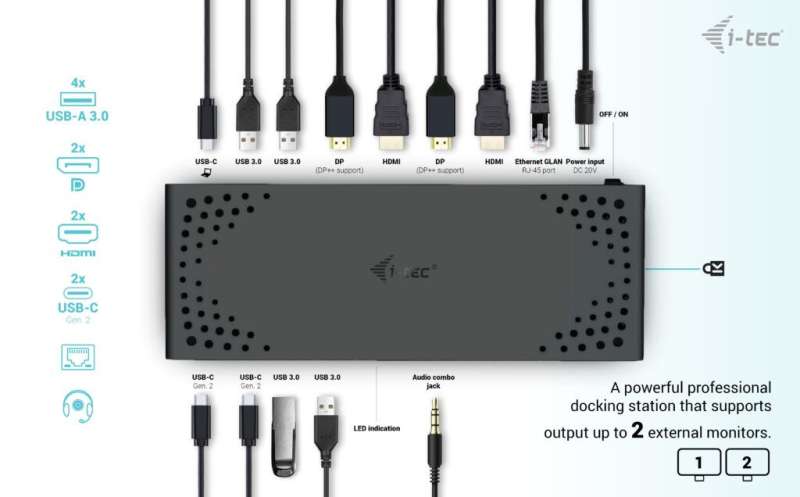 I-TEC USB 3.0/USB-C/Thunderbolt 3 Dual Display Docking Station Gen2+Power Delivery 100W Black