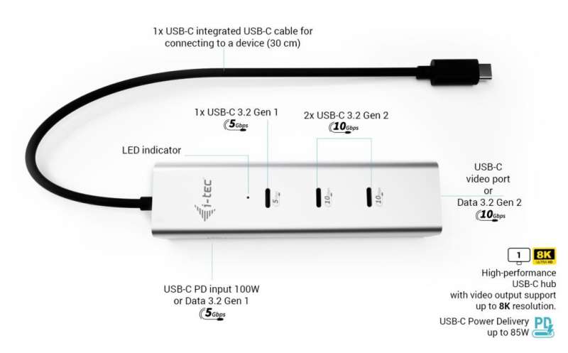 I-TEC USB-C Charging Metal HUB 5port with USB-C video 8K + Power Delivery 85W