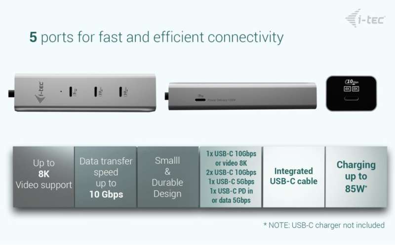 I-TEC USB-C Charging Metal HUB 5port with USB-C video 8K + Power Delivery 85W