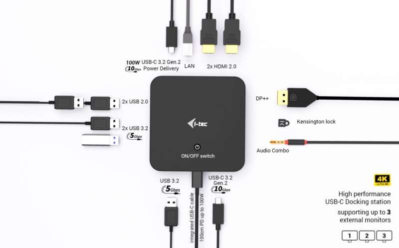 I-TEC USB-C DP Dual HDMI Docking Station with Power Delivery 100W + i-tec Universal Charger 100W