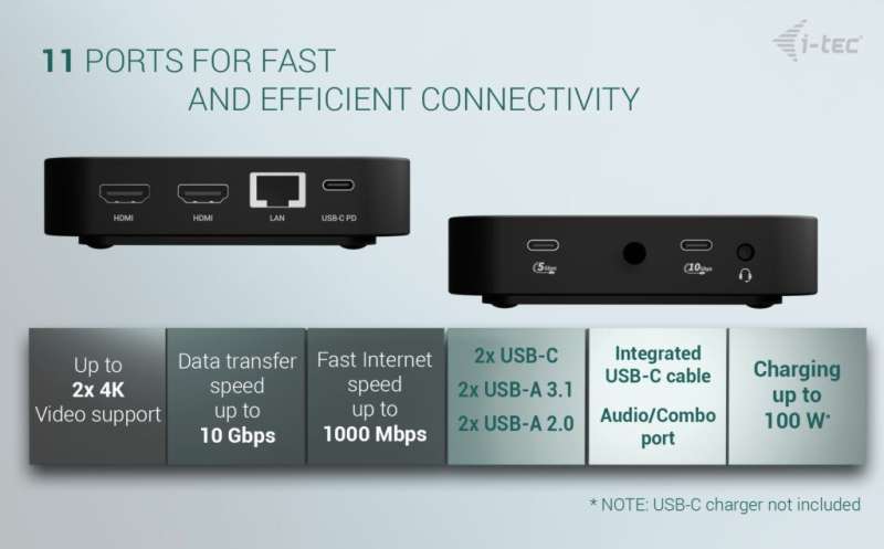 I-TEC USB-C Dual HDMI Docking Station with Power Delivery 100W