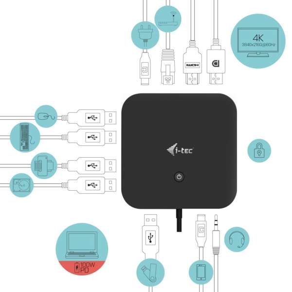 I-TEC USB-C HDMI DP Docking Station with Power Delivery 100 W + i-tec Universal Charger 100 W