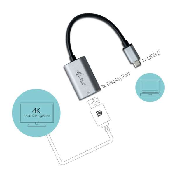 I-TEC USB-C to Metal Display Port 4K/60Hz adapter cable Grey