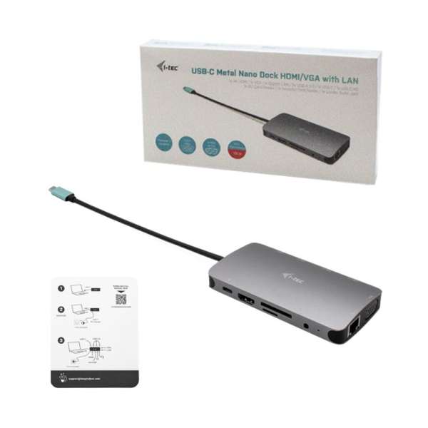 I-TEC USB-C Travel Nano Dock HDMI/VGA with LAN+Power Delivery 100W Grey