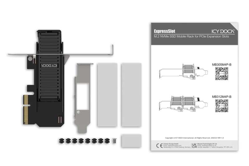 IcyDock ExpressSlot Core MB305M4P-B Removable M.2 NVMe SSD to PCIe 4.0 x4 Mobile Rack Adapter Card for PCIe Expansion Slot
