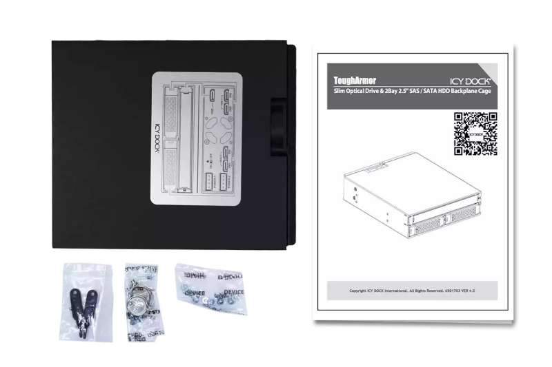 IcyDock ToughArmor MB994IKO-3SB Rugged Full Metal 2 Bay 2.5" SAS/SATA HDD & SSD Backplane Cage with Slim ODD Tray and Locking Trays for External 5.25" Bay