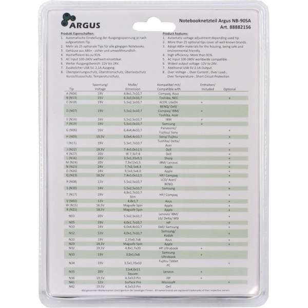 Inter-Tech Argus NB-90SA 12-22V / 6A 90W univerzális hálózati notebook töltő