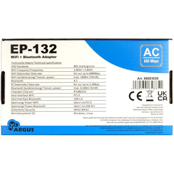 Inter-Tech EP-132 PCIe Adapter with WiFi 5 and Bluetooth 4.2