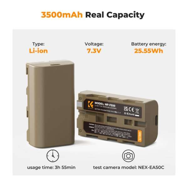 K&F Concept K&F Concep NP-F550 akkumulátor 3500mAh USB-C csatlakozóval