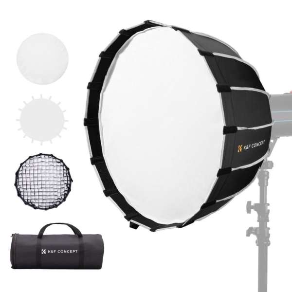 K&F Concept 120cm átmérőjű, parabolic softbox, gyorscsatlakozás, méhsejt rács, Bowens csatlakozás