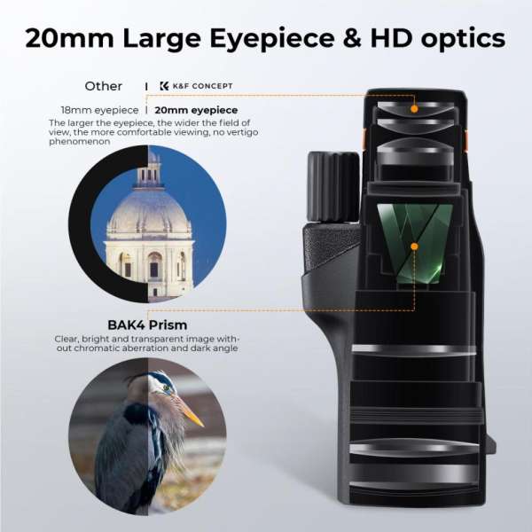 K&F Concept 12x50 HD monokulár távcső BAK4 IP68 vízálló Black