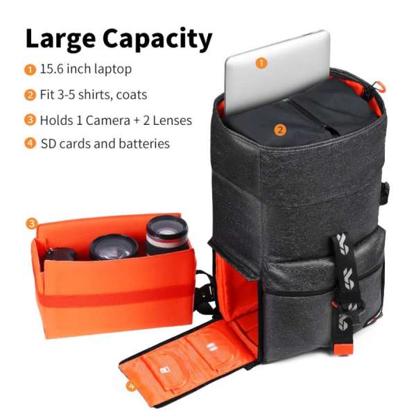 K&F Concept 2-in-1 Camera Backpack Travel 15,6" 20L Waterproof Black