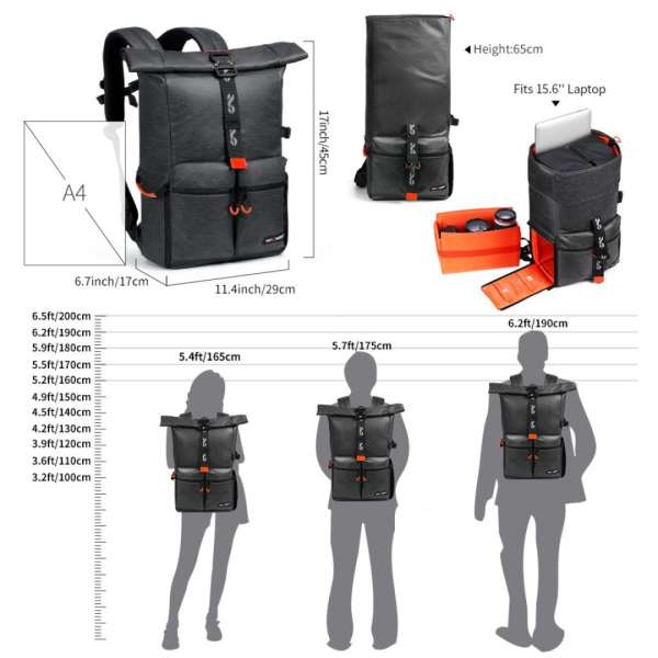 K&F Concept 2-in-1 Camera Backpack Travel 15,6" 20L Waterproof Black