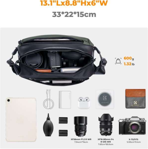 K&F Concept 2in1 Sling Bag Everyday Shoulder Bag & Photography Camera Backpack 10L Dark Green