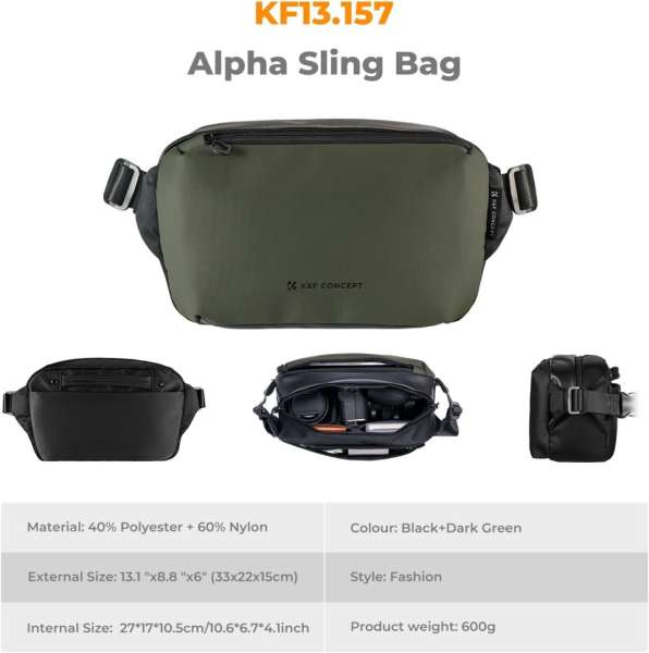 K&F Concept 2in1 Sling Bag Everyday Shoulder Bag & Photography Camera Backpack 10L Dark Green