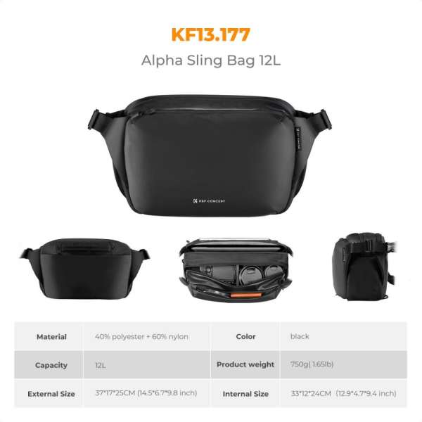 K&F Concept 2in1 Sling Bag Everyday Shoulder Bag & Photography Camera Backpack 12L Black