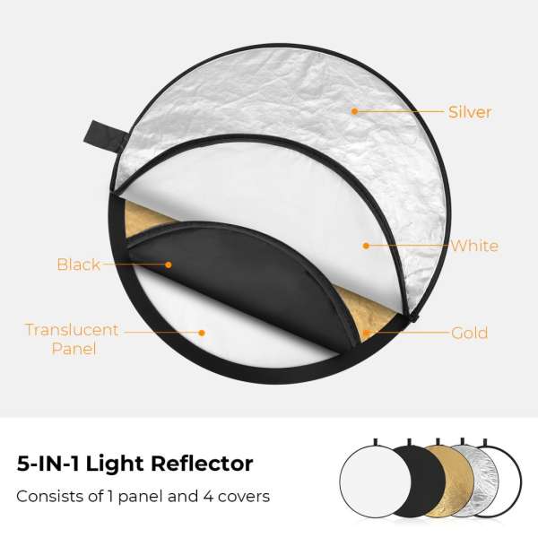 K&F Concept 5in1 derítőlap, reflektor, 80cm (fehér, fekete, arany, ezüst, transparens) + hordtáska