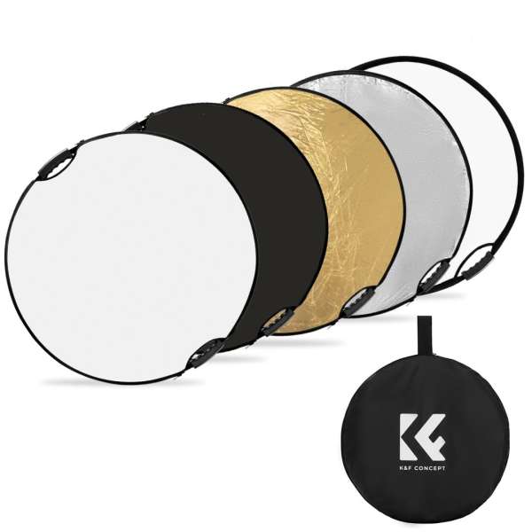 K&F Concept 5in1 derítőlap, reflektor fogantyúval 110cm (feh, fek, arany, ezüst, transp) + hordtáska
