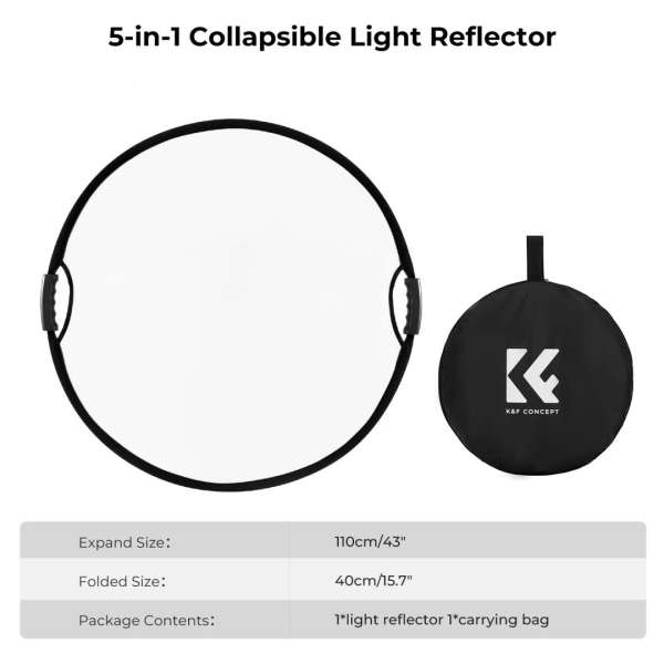 K&F Concept 5in1 derítőlap, reflektor fogantyúval 110cm (feh, fek, arany, ezüst, transp) + hordtáska