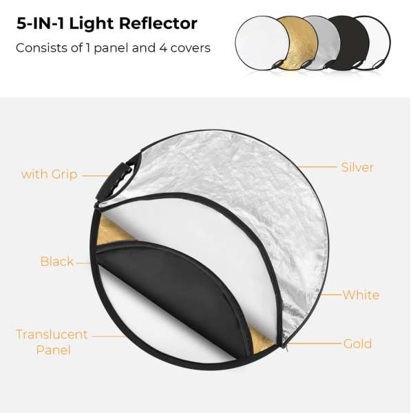 K&F Concept 5in1 derítőlap, reflektor fogantyúval 60cm (feh, fek, arany, ezüst, transp) + hordtáska