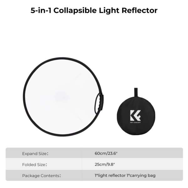 K&F Concept 5in1 derítőlap, reflektor fogantyúval 60cm (feh, fek, arany, ezüst, transp) + hordtáska
