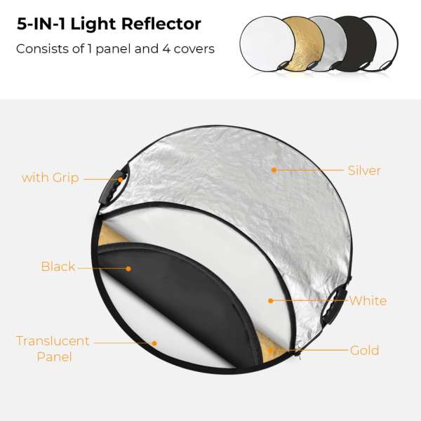 K&F Concept 5in1 derítőlap, reflektor fogantyúval 80cm (feh, fek, arany, ezüst, transp) + hordtáska