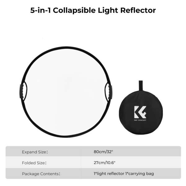 K&F Concept 5in1 derítőlap, reflektor fogantyúval 80cm (feh, fek, arany, ezüst, transp) + hordtáska