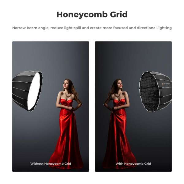 K&F Concept 60cm átmérőjű, parabolic softbox, gyorscsatlakozás, méhsejt rács, Bowens csatlakozás
