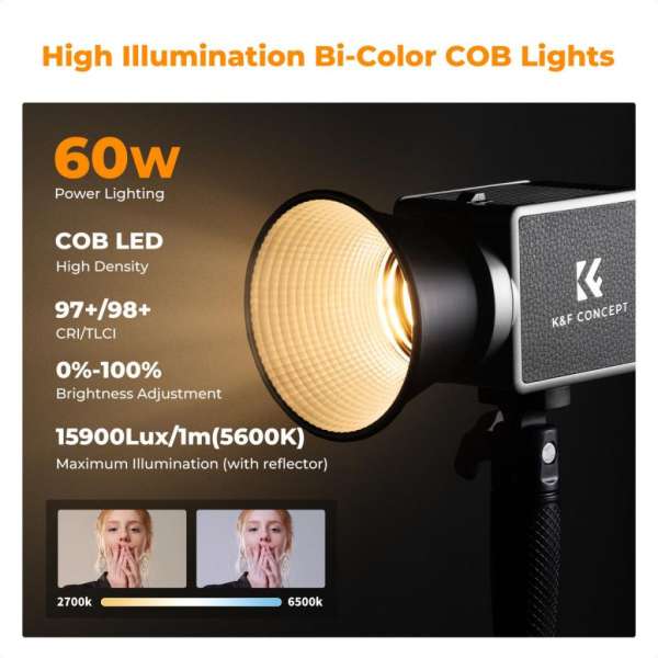 K&F Concept 60W BI COB led lámpa, 2700K-6500K, 97CRI, 12 effekt, 13500mAh, APP, Bowens