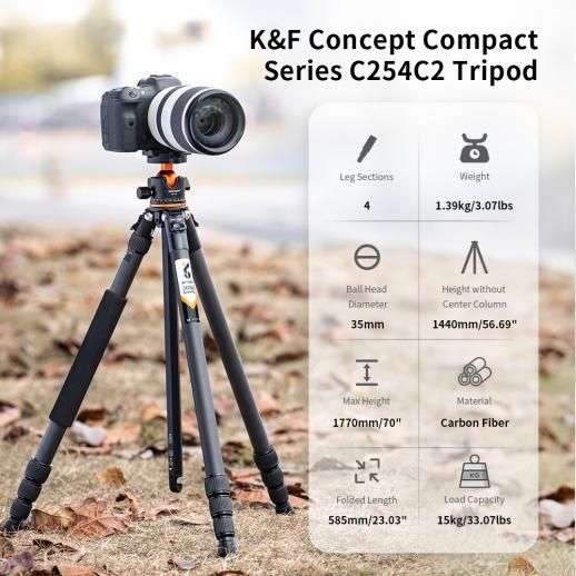 K&F Concept A254C4+BH-35L Carbon Fiber Travel Tripod Black