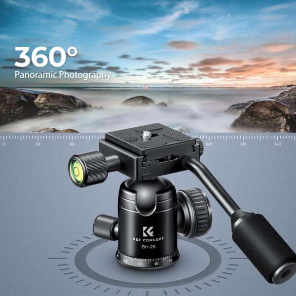 K&F Concept BH-26 állvány gömbfej karral, 26mm, 8kg teherbírás, vízmérték, arca swiss, 3/8"-1/4"