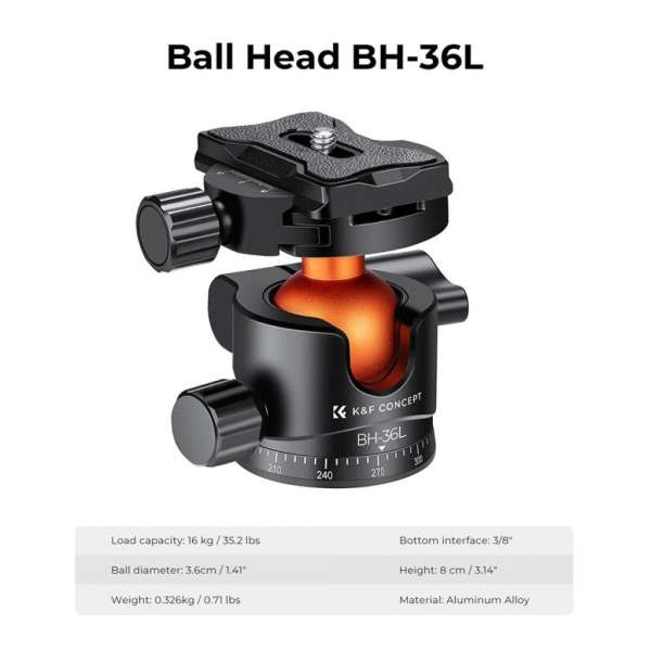 K&F Concept BH-36L állvány gömbfej, 16kg teherbírás, vízmérték, arca swiss, 3/8"-1/4"