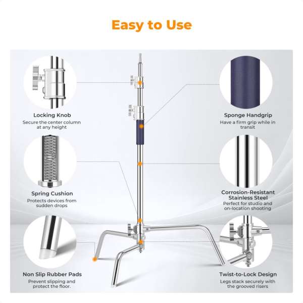 K&F Concept C-Stand állvány, 149cm-330cm, 20kg teherbírás, rozsdamentes acél