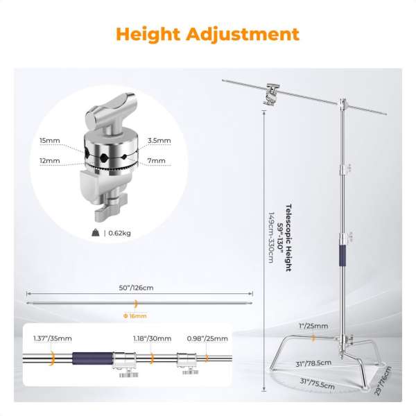 K&F Concept C-Stand állvány, 149cm-330cm, 20kg teherbírás, rozsdamentes acél