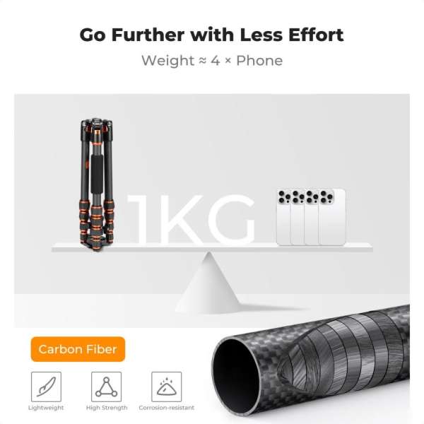 K&F Concept C225C0+BH-25 karbon állvány, 155cm magasság, 8kg teherbírás