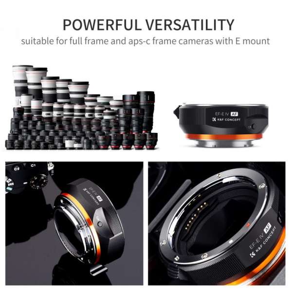 K&F Concept Canon EF/EF-S bajonett adapter Sony E vázakra Autofocus támogatással, arca swiss