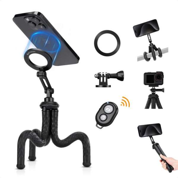 K&F Concept hajlítható lábú állvány, Magsafe, Gopro adapter, bluetooth kioldó