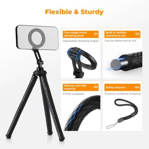 K&F Concept hajlítható lábú állvány, Magsafe, Gopro adapter, bluetooth kioldó