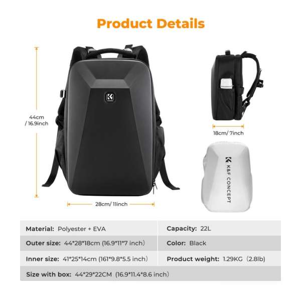 K&F Concept Hardshell DSLR Photography Camera Backpack Black
