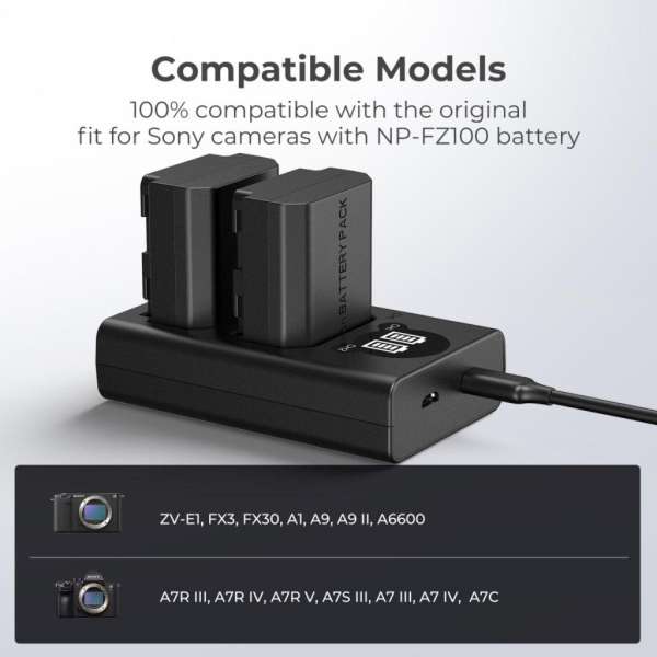 K&F Concept hordozható dupla BC-QZ1 akkumulátor töltő, LCD, USB-C, 2db FZ100 akkumulátorhoz