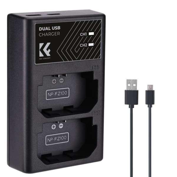 K&F Concept hordozható dupla BC-QZ1 akkumulátor töltő, USB-C, 2db FZ100 akkumulátorhoz