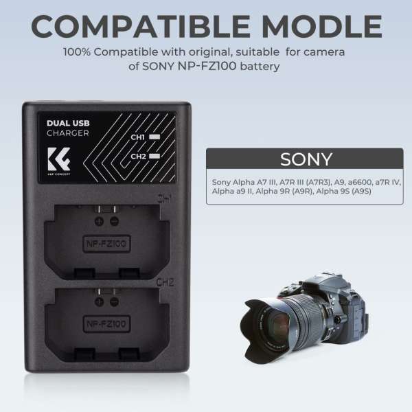 K&F Concept hordozható dupla BC-QZ1 akkumulátor töltő, USB-C, 2db FZ100 akkumulátorhoz