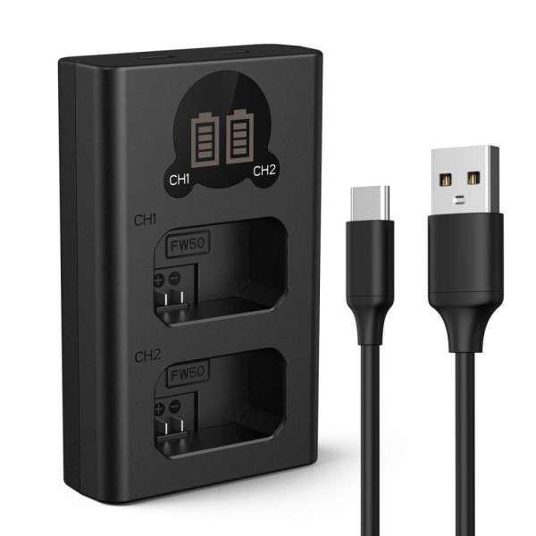 K&F Concept hordozható dupla BC-TRW akkumulátor töltő, LCD, USB-C, 2db FW50 akkumulátorhoz